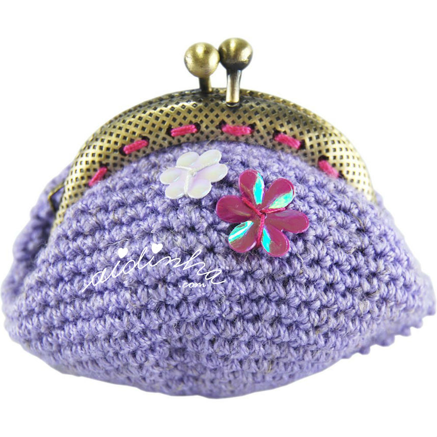 Bolsa em crochet, lilás com flores aplicadas
