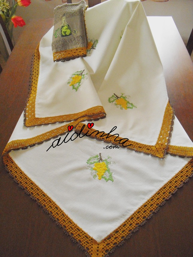 conjunto de toalha de mesa + pano de cozinha, com crochet