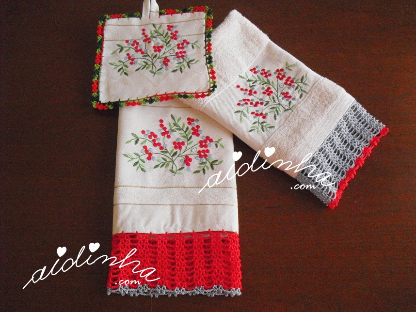 conjunto de panos de cozinha + pega, bordado e com crochet