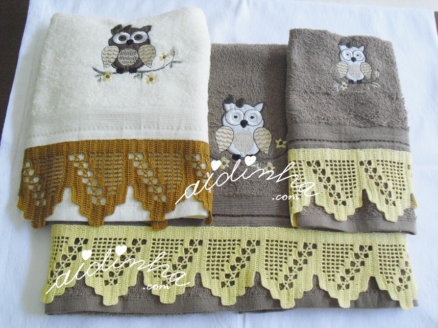 conjunto de toalhas de banho, bordado com mochos e crochet