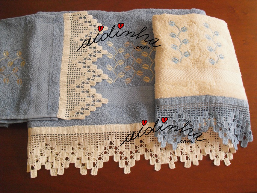 conjunto de toalhas de banho, bordado e com crochet