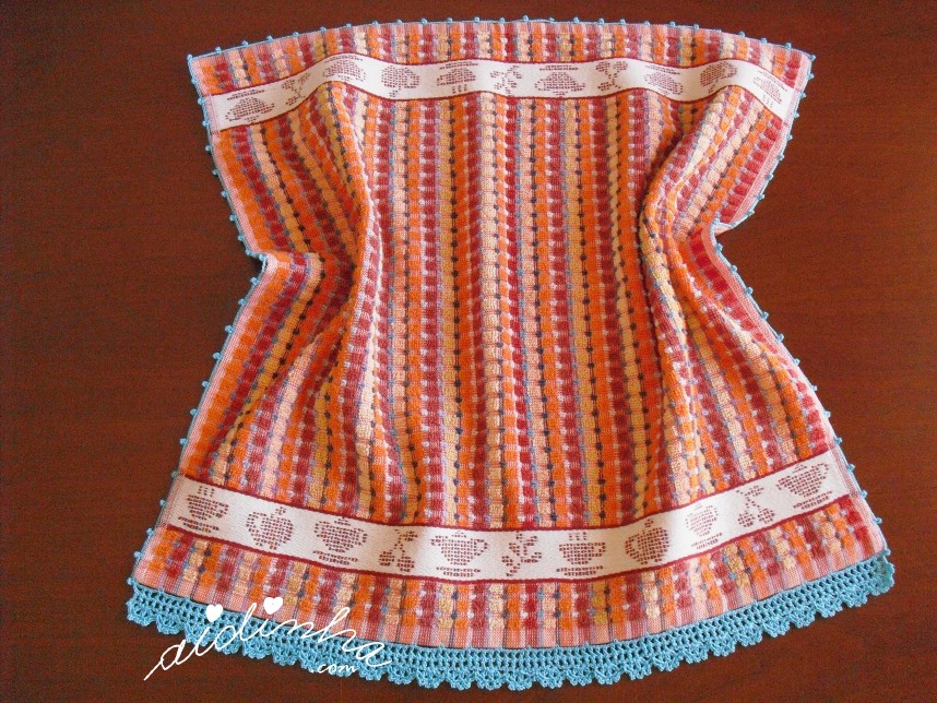 pano turco de cozinha laranja, com crochet turquesa