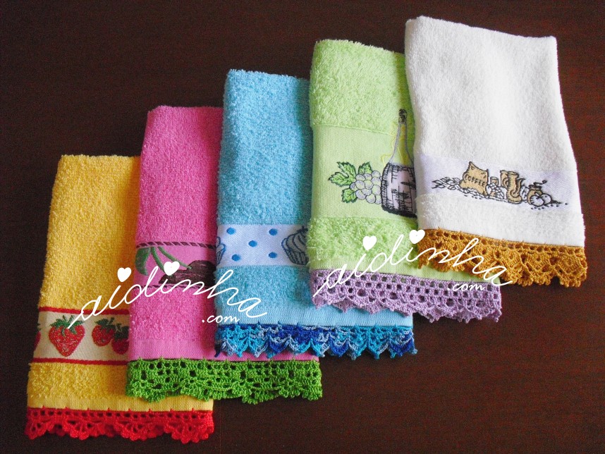 conjunto de panos turcos de cozinha, com crochet colorido