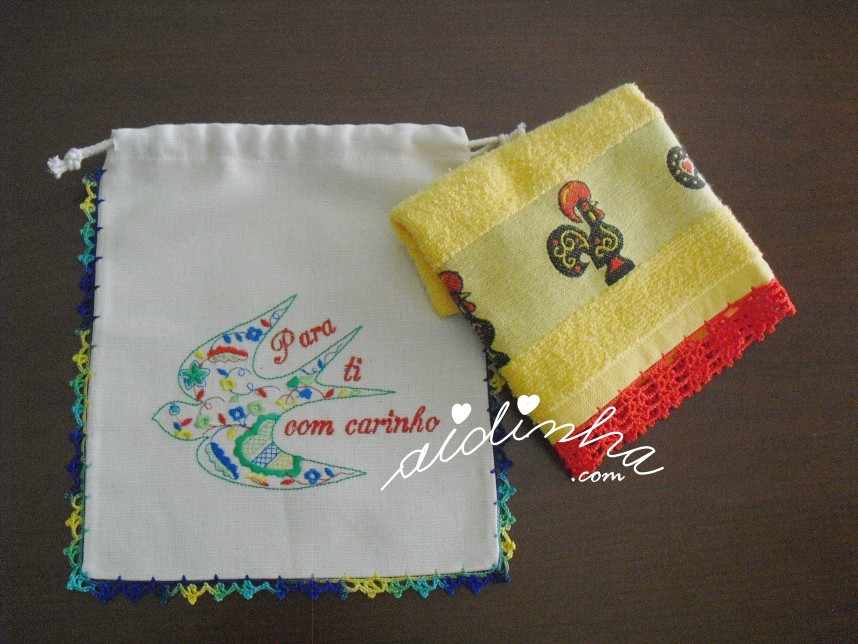 saquinho de prenda bordado, com crochet e prenda incluída