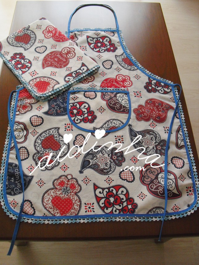 conjunto de avental + pano de cozinha com crochet