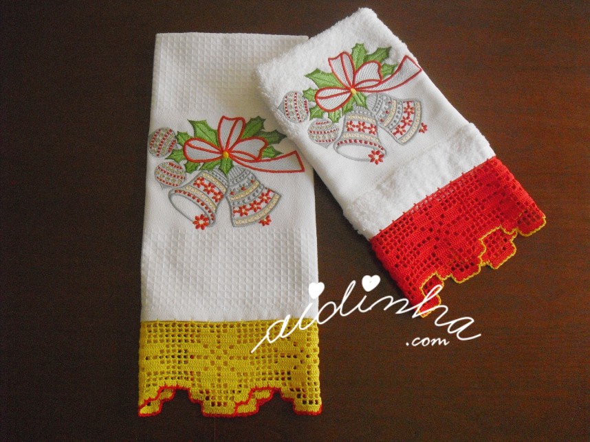 conjunto de panos de cozinha com bordado de Natal e crochet