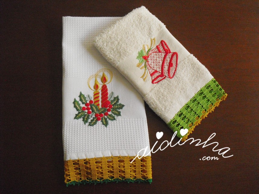 conjunto de panos de cozinha com bordados de Natal e crochet