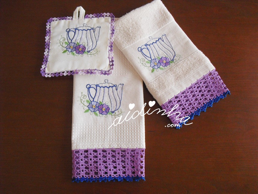 Conjunto de panos de cozinha + pega, bordado e com crochet