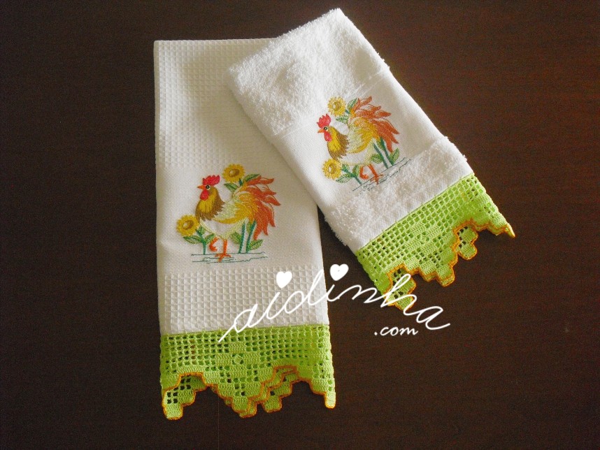 conjunto de panos de cozinha bordado e com crochet verde