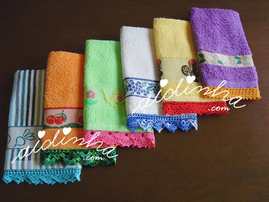 conjunto de panos turcos de cozinha, coloridos e com crochet