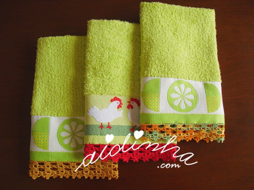 conjunto verde de panos de cozinha, com crochet