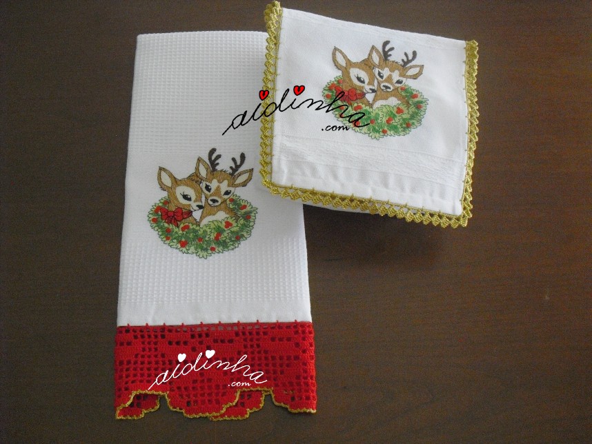 conjunto de pano de cozinha + porta-guardanapos, com bordado de Natal e crochet