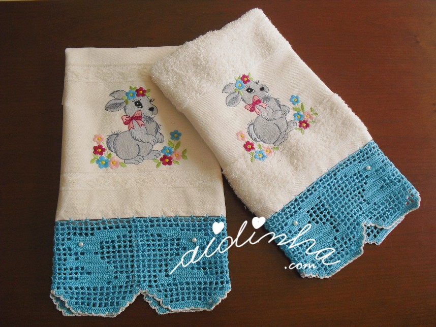 conjunto de panos de cozinha, com bordado de Páscoa e crochet