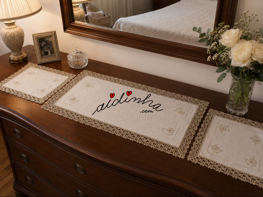 conjunto de quarto em linho bordado e crochet