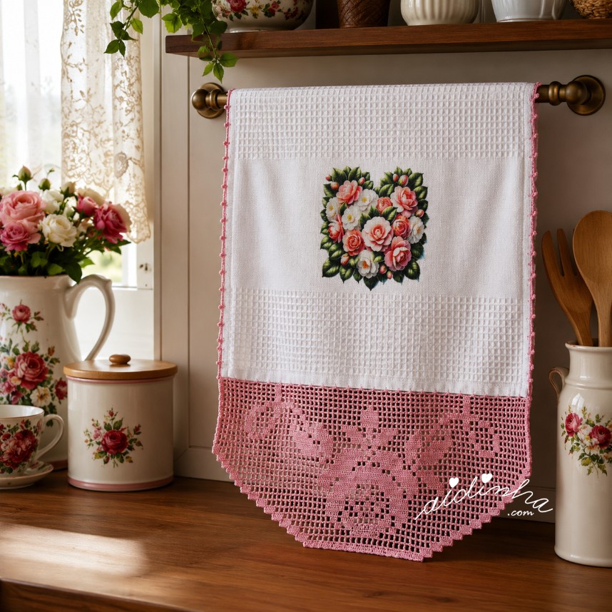 pano de cozinha, com estampagem e crochet rosa