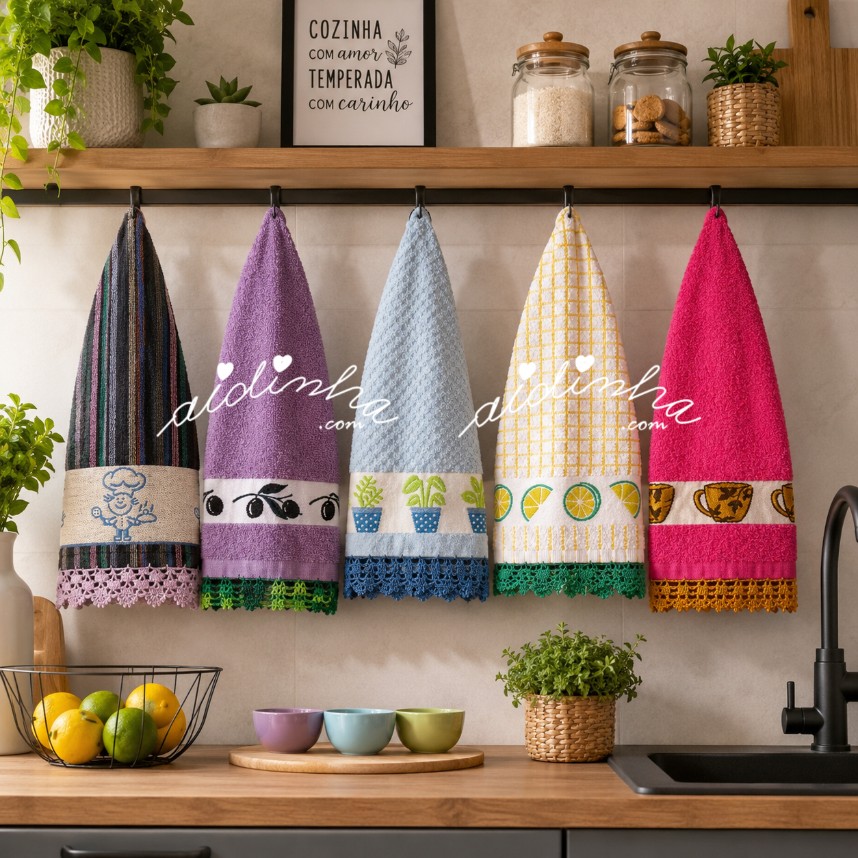 conjunto colorido de panos turcos de cozinha, com crochet