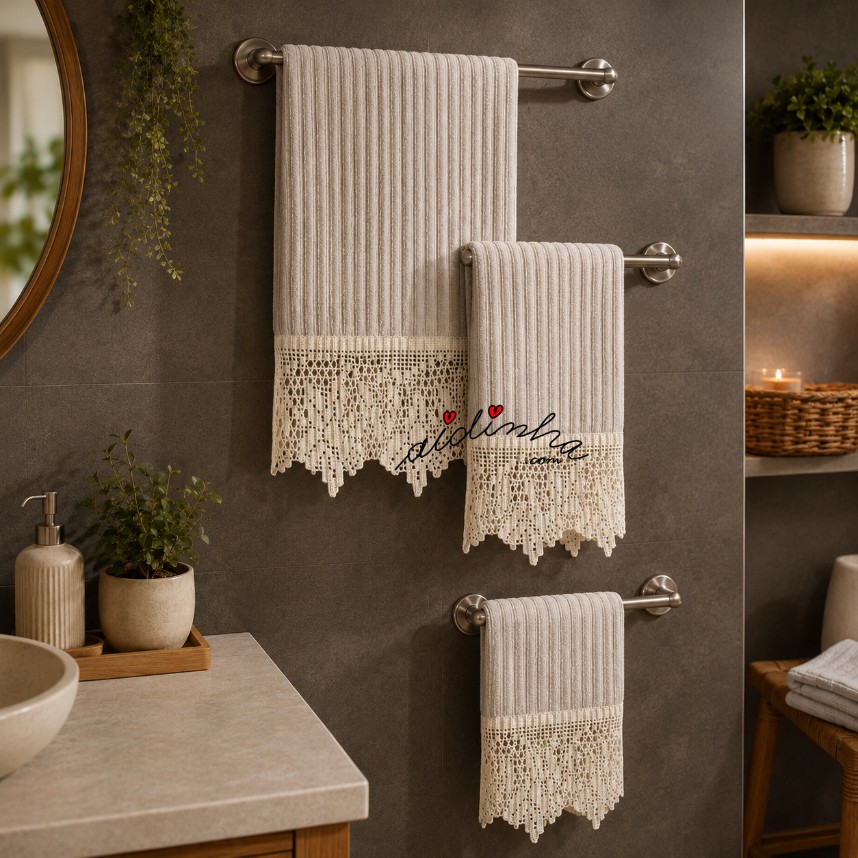 conjunto de toalhas de banho creme, com crochet