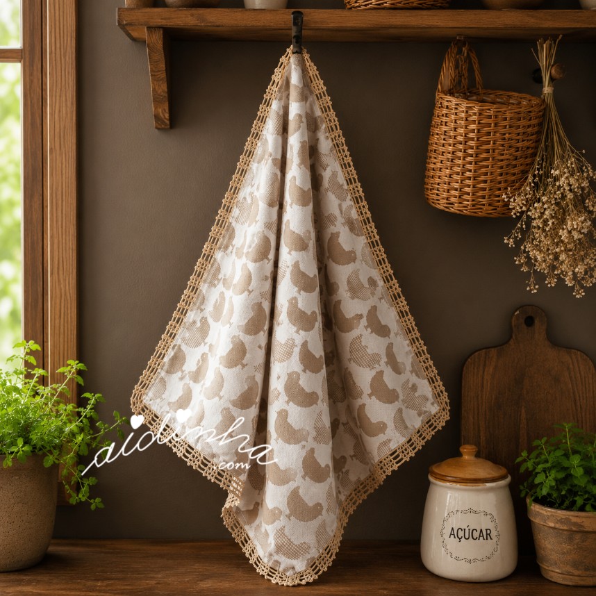 grande pano de cozinha, com crochet e pendurado