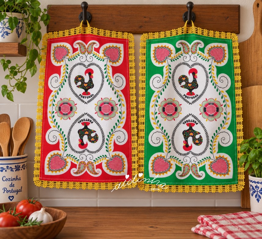 panos de cozinha com o galo de Barcelos e crochet em toda a volta