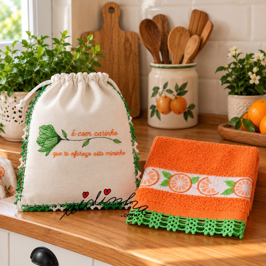 saquinho de prenda + pano turco de cozinha,  com crochet