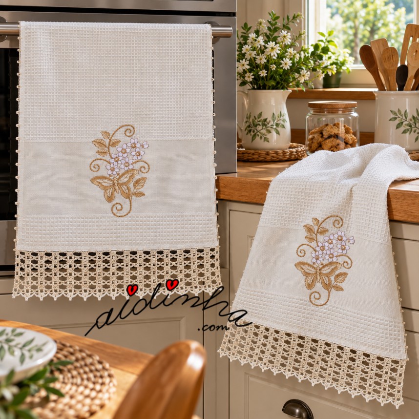 conjunto de panos de cozinha com bordado creme e crochet