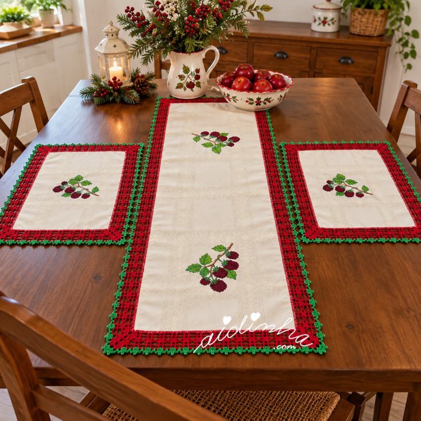 conjunto de naperons de cozinha, bordado e com crochet