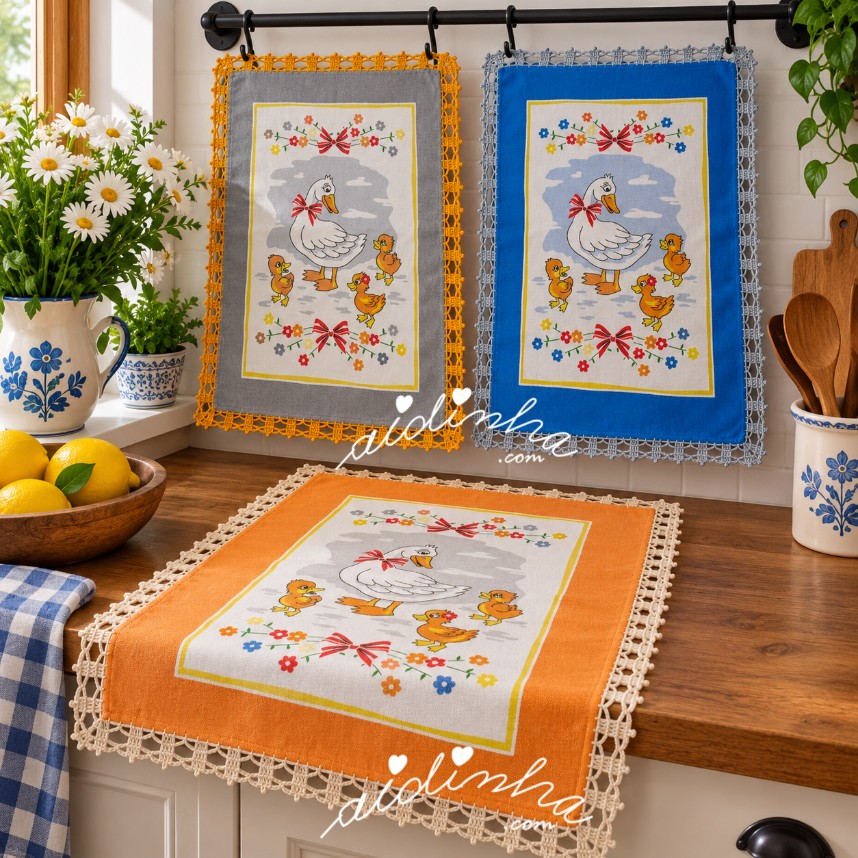 conjunto de panos de cozinha, com crochet